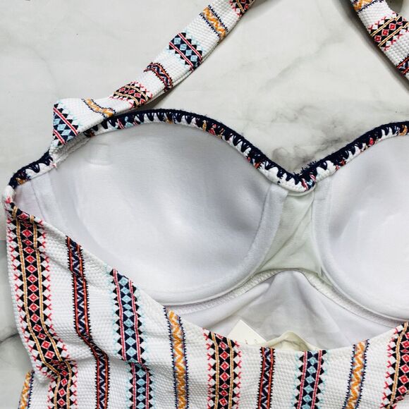 Jessica Simpson White Striped Texture Underwire Halter Tankini Top Blue Orange S - Picture 5 of 6